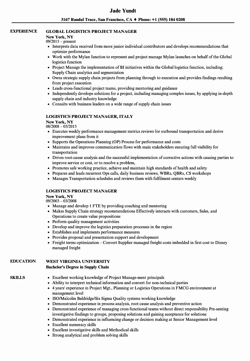 Logistics Project Manager Resume Samples