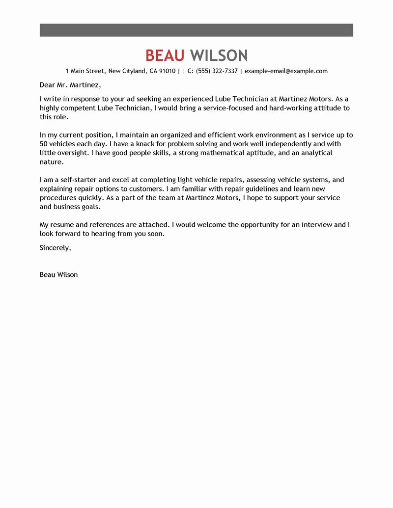 Lube Technician Cover Letter Examples