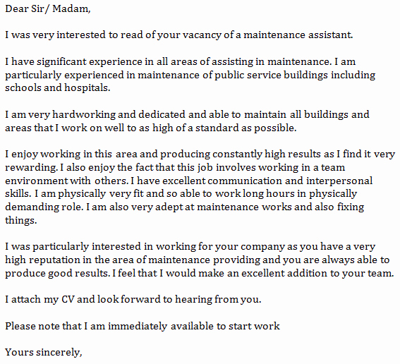 Maintenance assistant Cover Letter Example Learnist