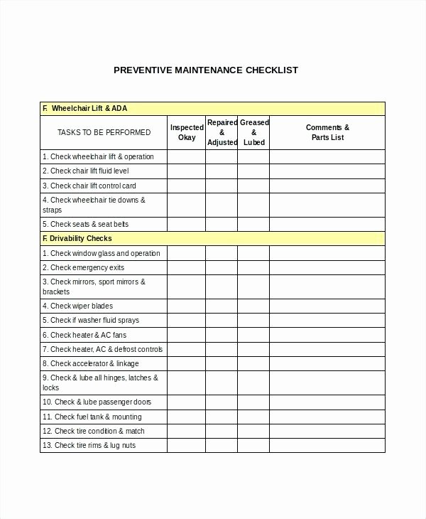Maintenance Checklist Template Excel Preventative