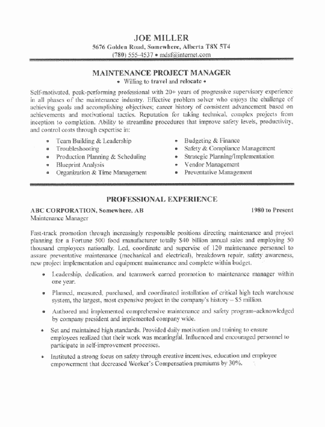 Maintenance Manager Resume Sample All Trades Resume