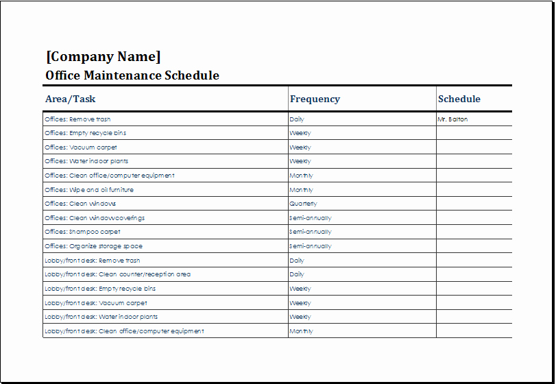 Maintenance Schedule Template