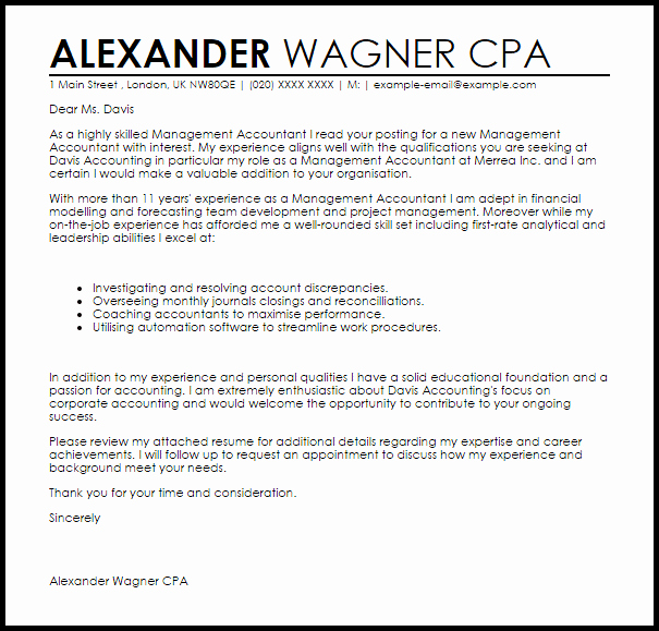 Management Accountant Cover Letter Sample