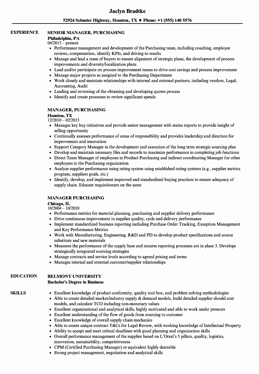 Manager Purchasing Resume Samples