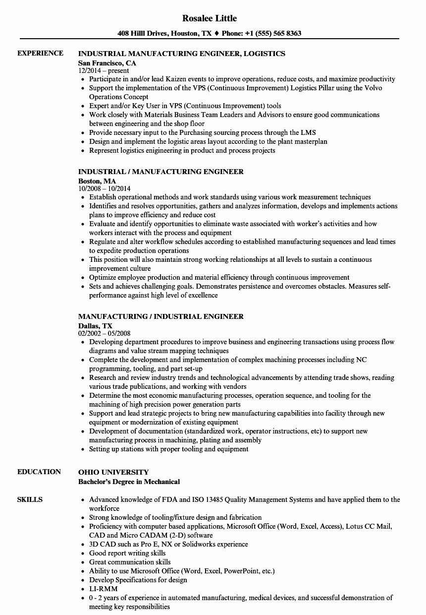 manufacturing industrial engineer resume sample