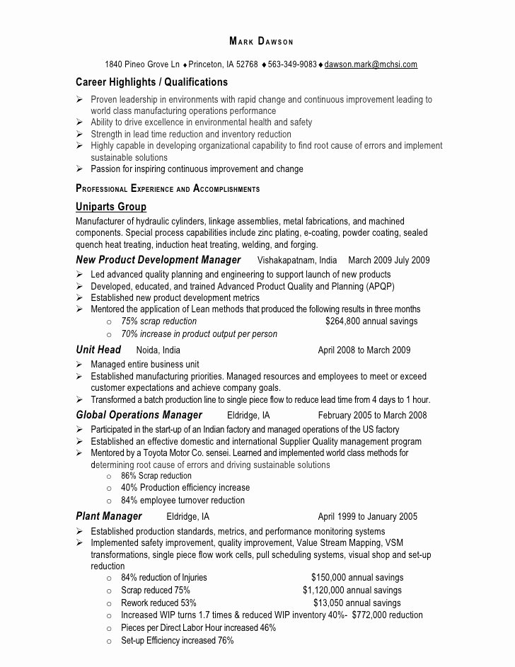Manufacturing Operations Manager Resume Mark Dawson