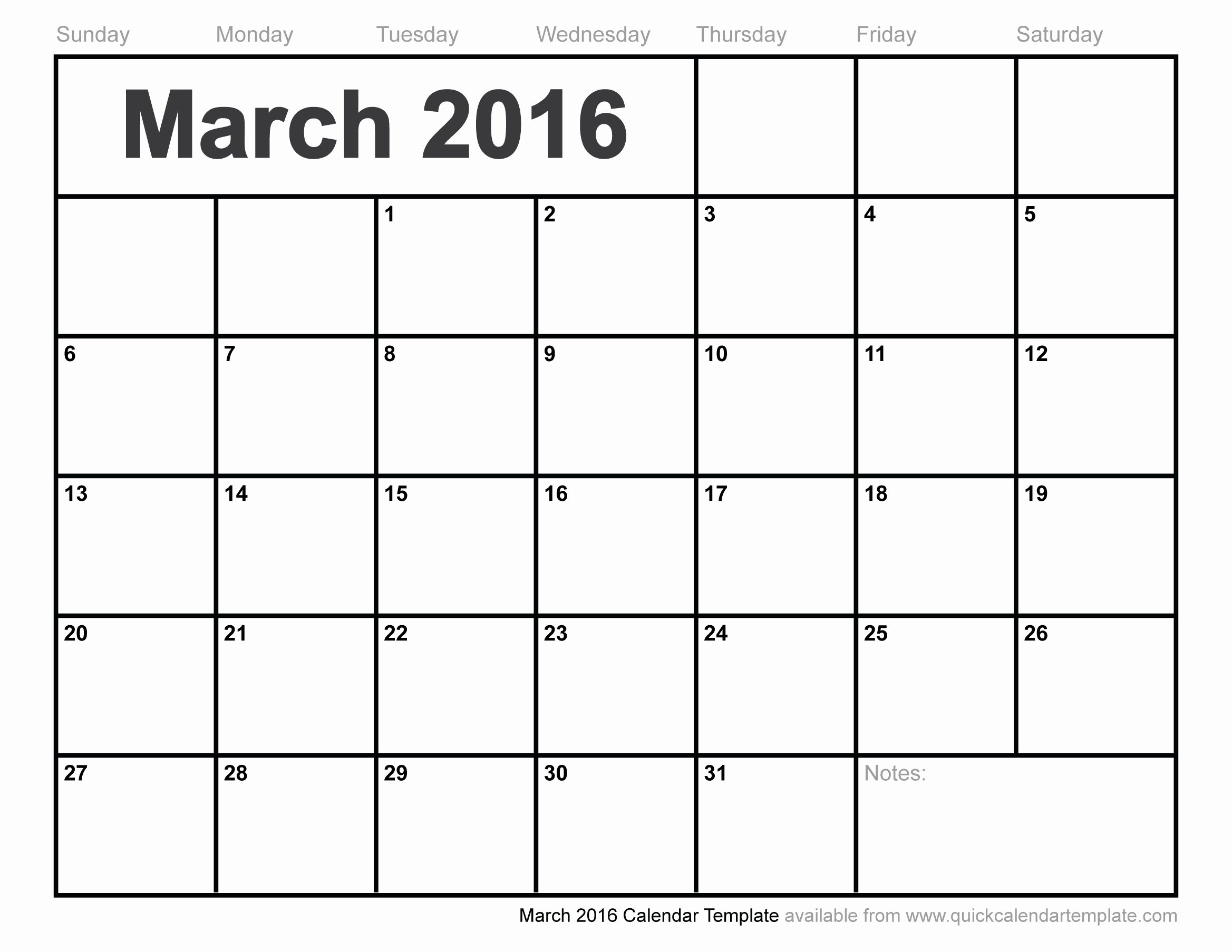 March 2016 Calendar Template