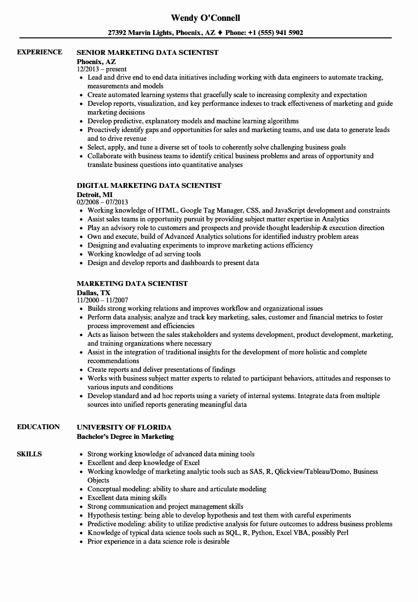 marketing data scientist resume sample