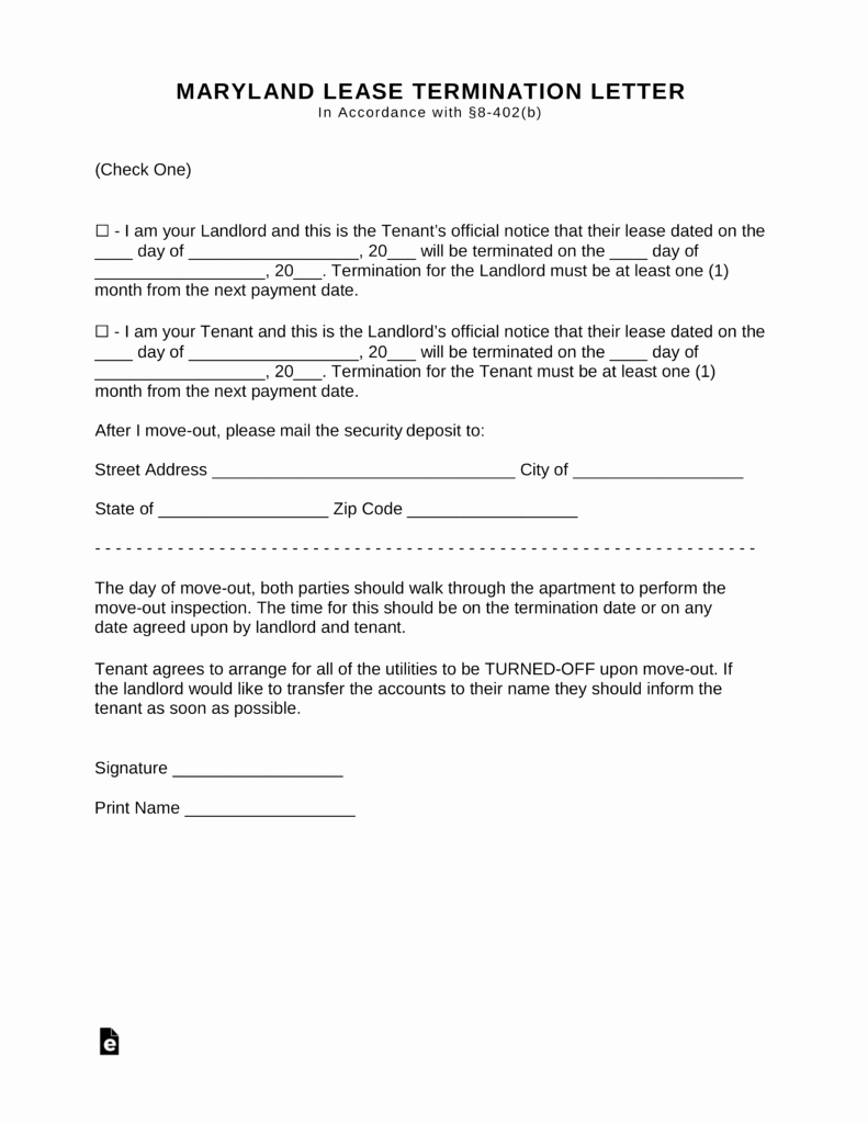 Maryland Termination Lease Letter form