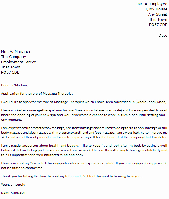 Massage therapist Cover Letter Example Icover
