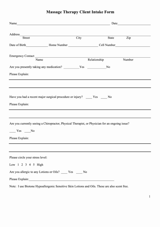 Massage therapy Client Intake form Printable Pdf