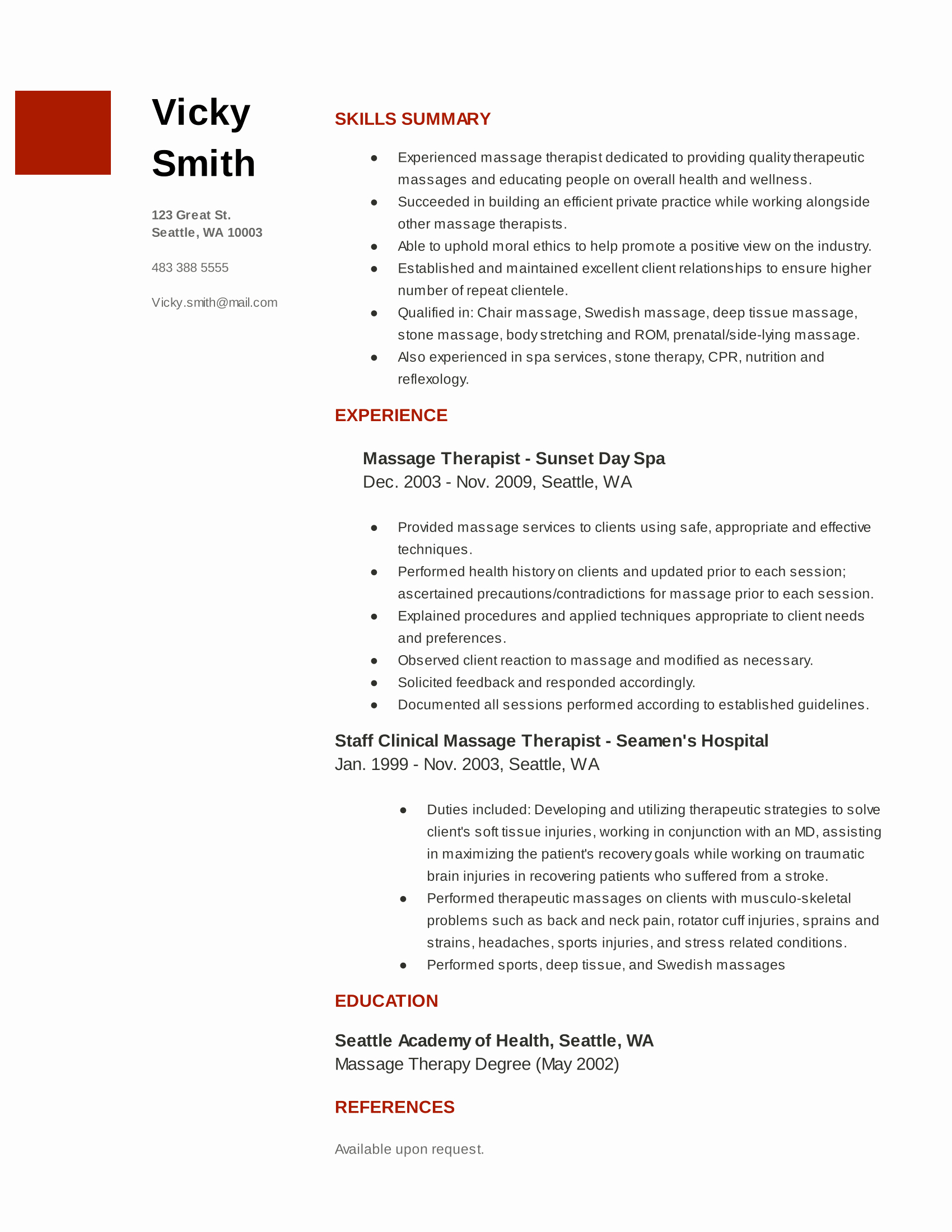 Massage therapy Resume No Experience Cover Letter