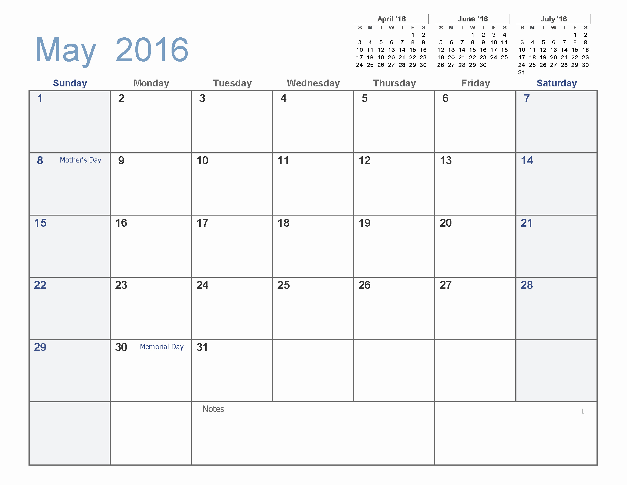 May 2016 Blank Templates [pdf Word Excel]