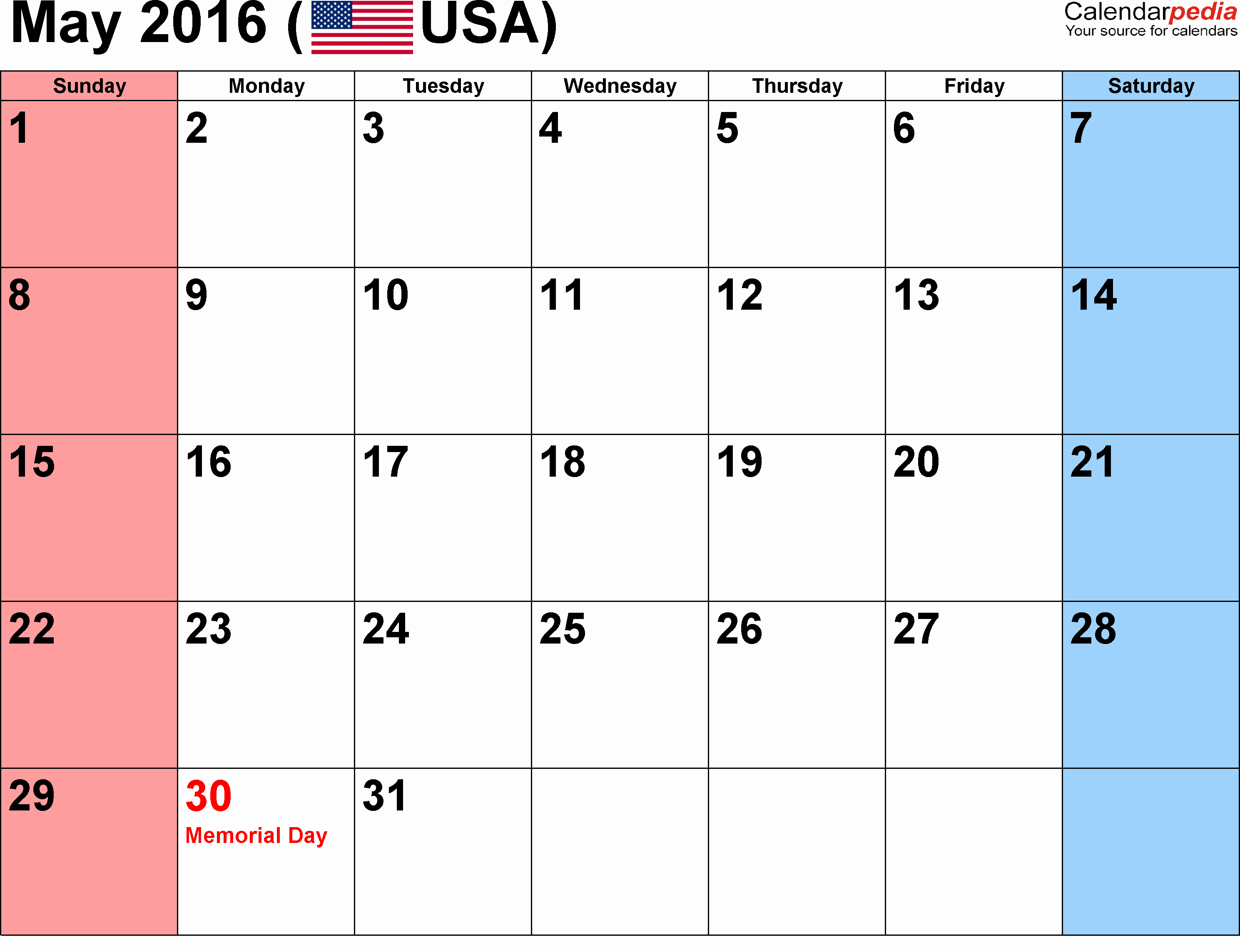 May 2016 Weekly Printable Calendar