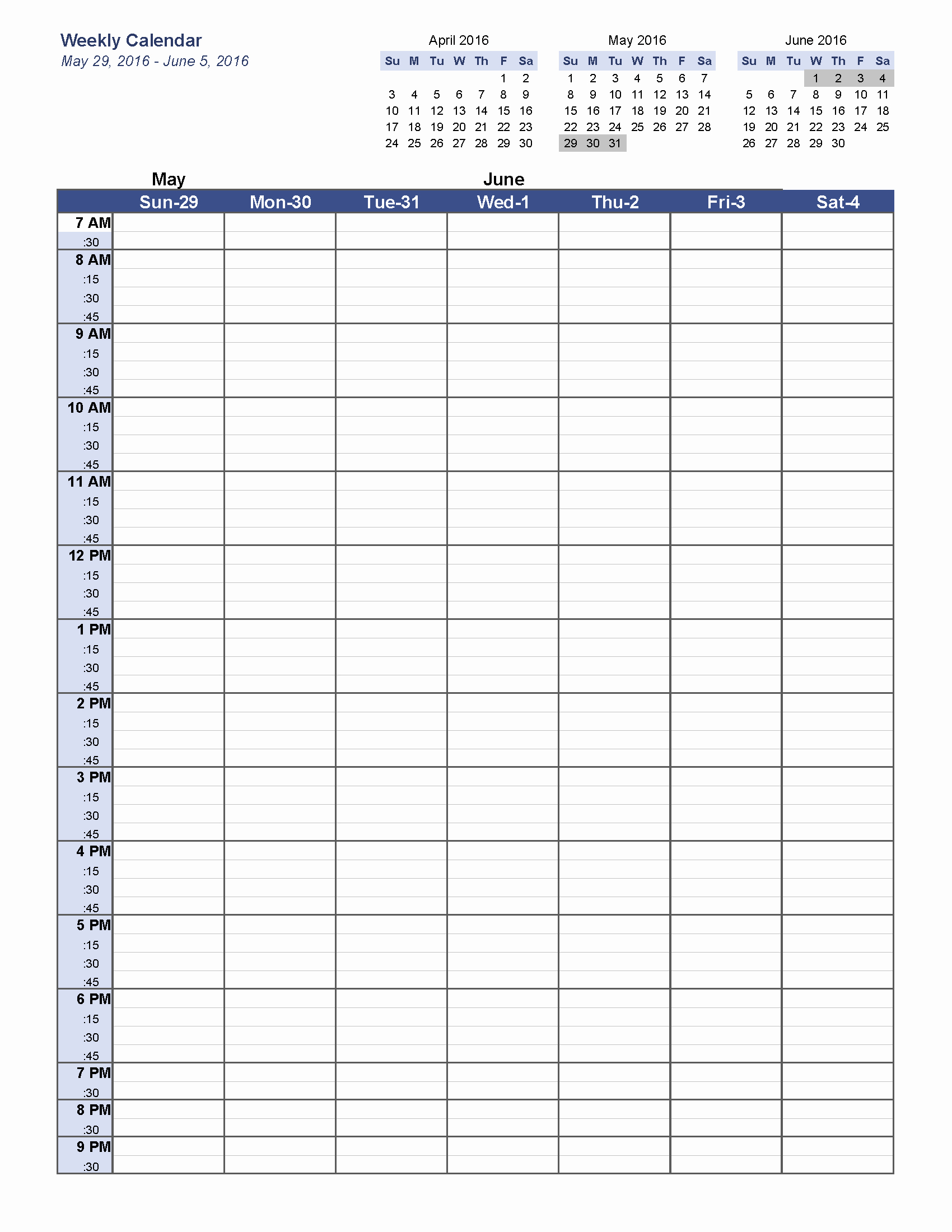 May 2016 Weekly Printable Calendar