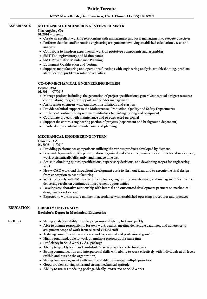 mechanical engineering intern resume sample