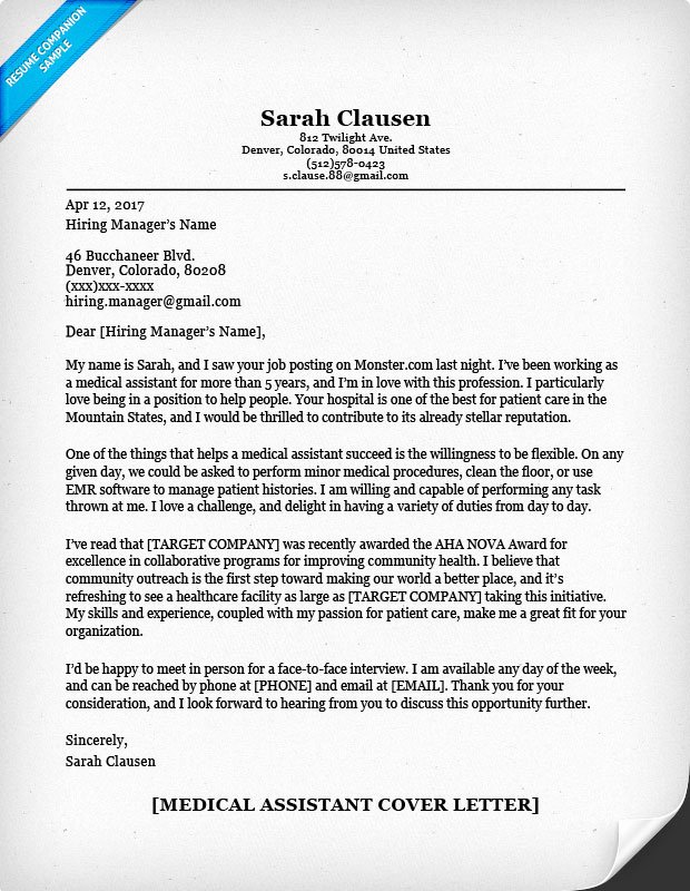 Medical Assistant Cover Letter Examples Sample Cover Letter