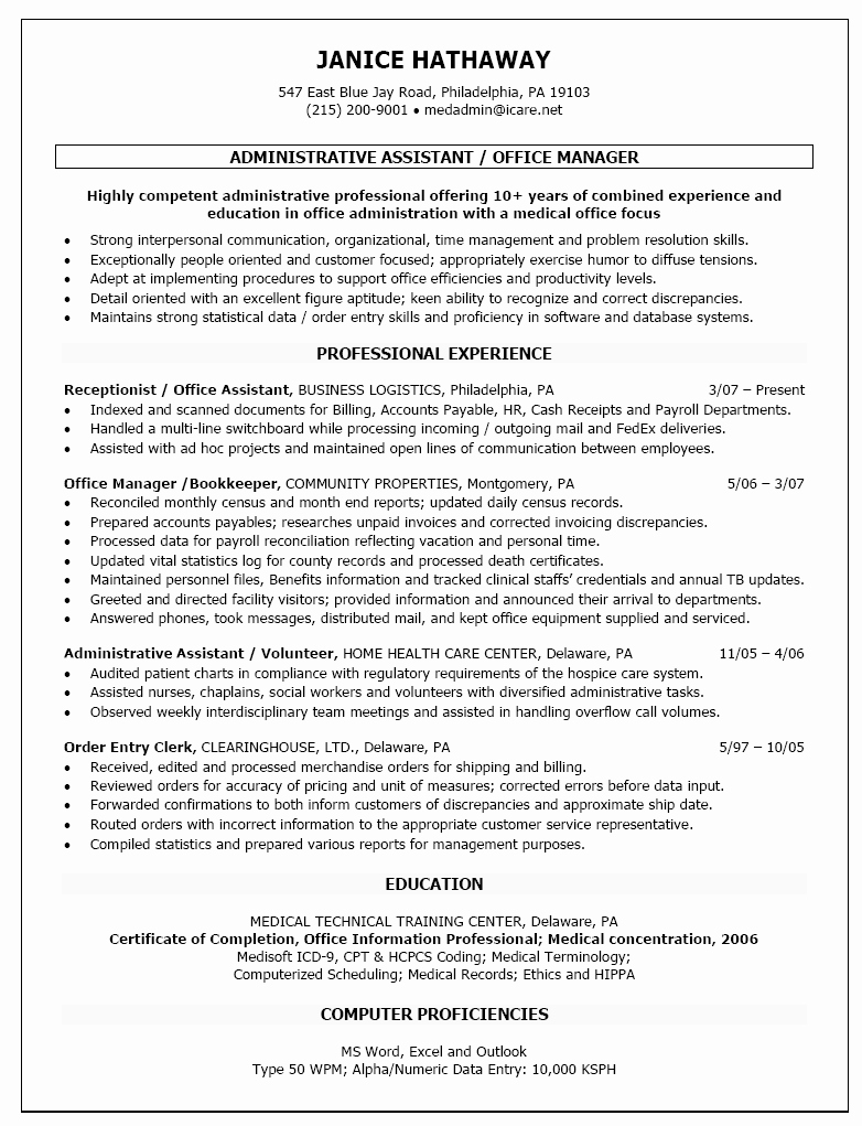 Medical Front Fice Manager Resume Sample – Perfect