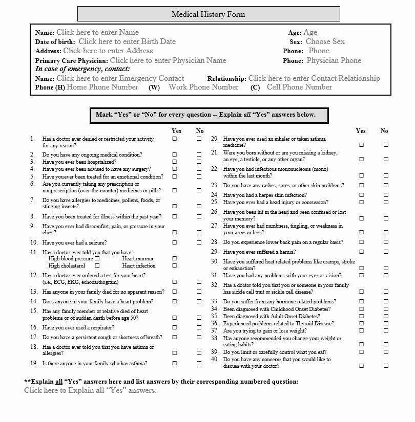 Medical History form Evaluation forms