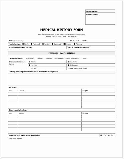 Medical History form Template for Ms Word