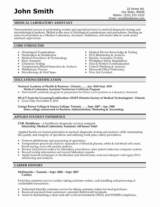 Medical Laboratory assistant Resume Sample &amp; Template