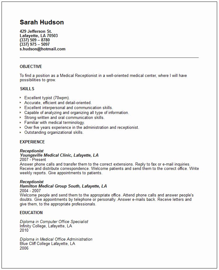 Medical Receptionist Resume Example Cover Letter Samples