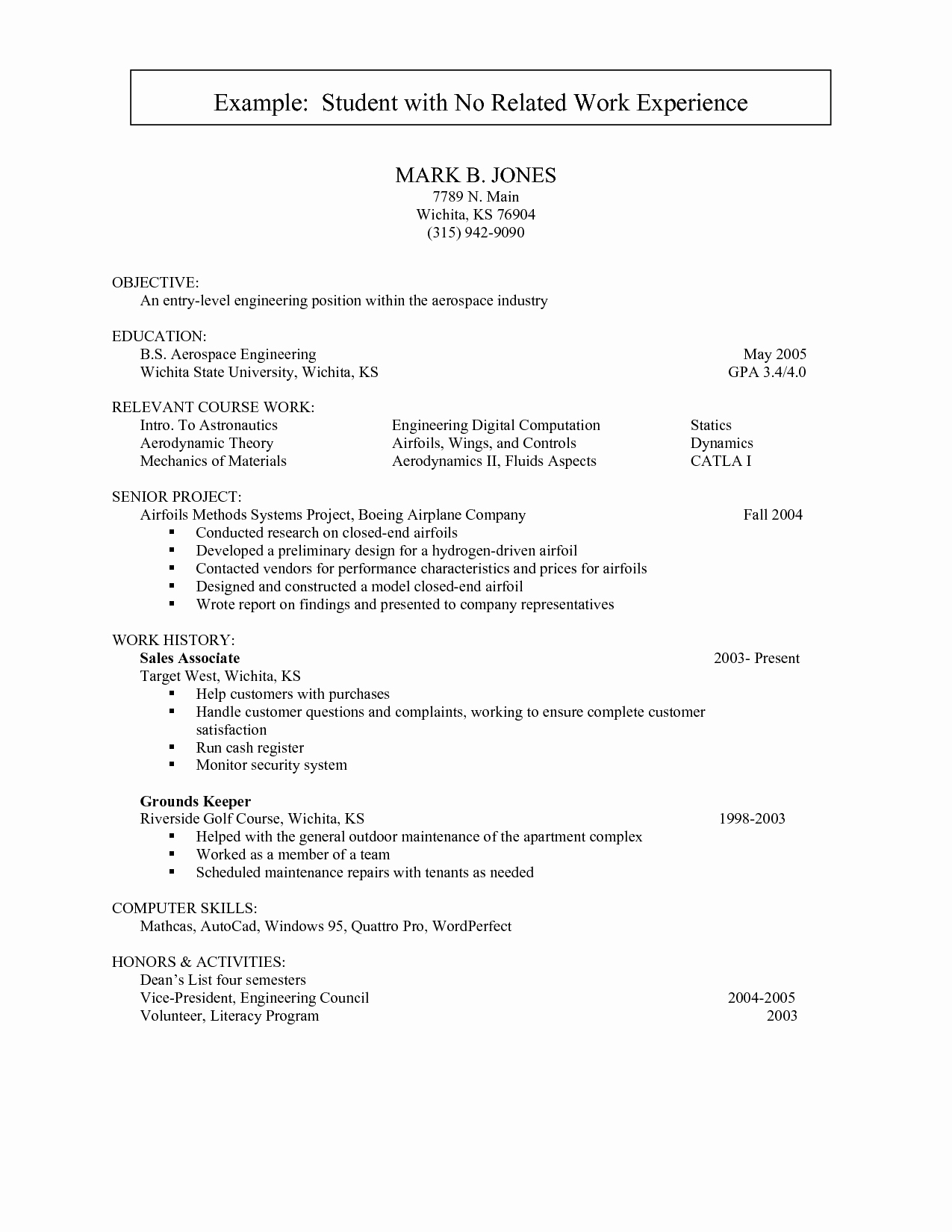 Student Resume Examples No Experience