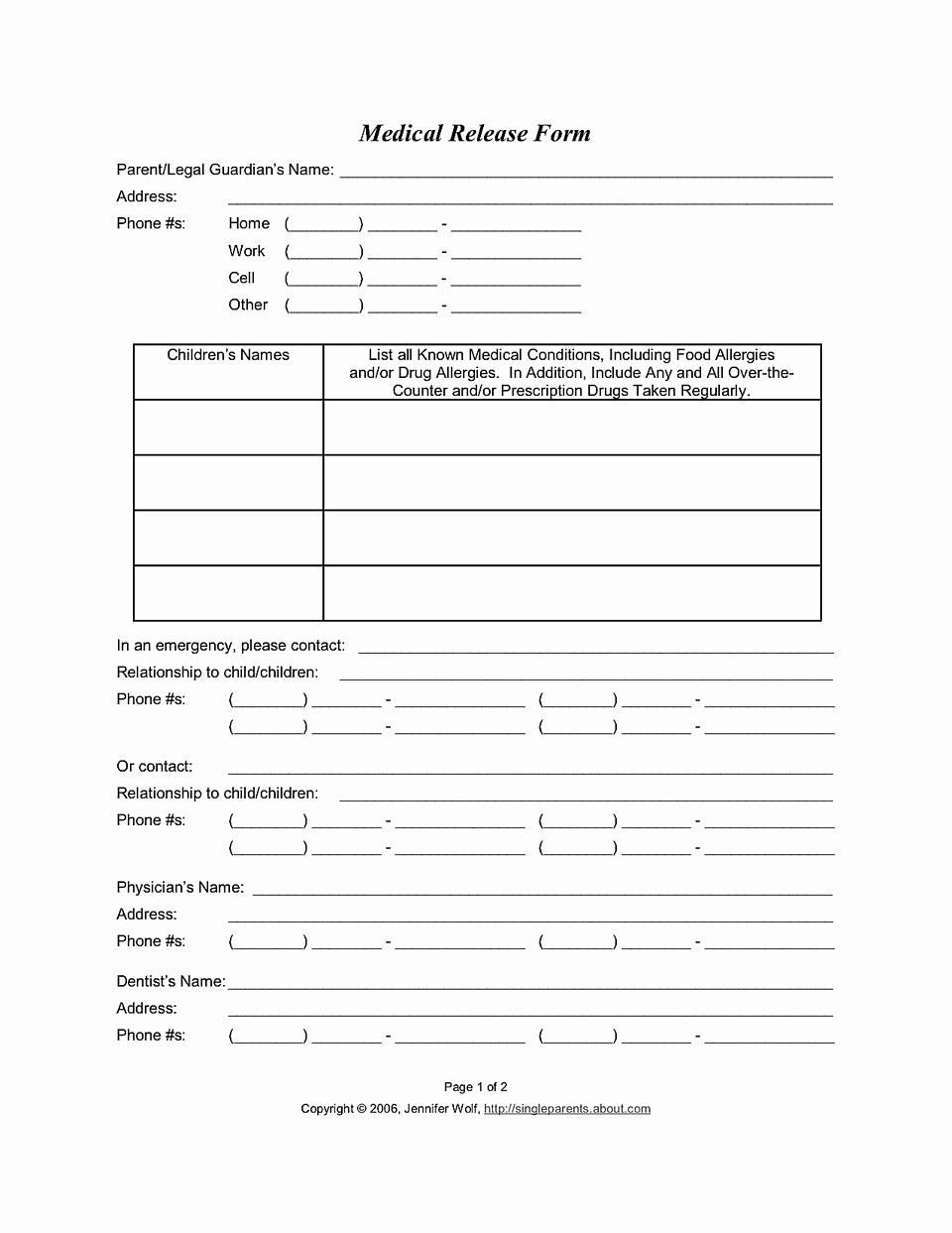 printable medical release form