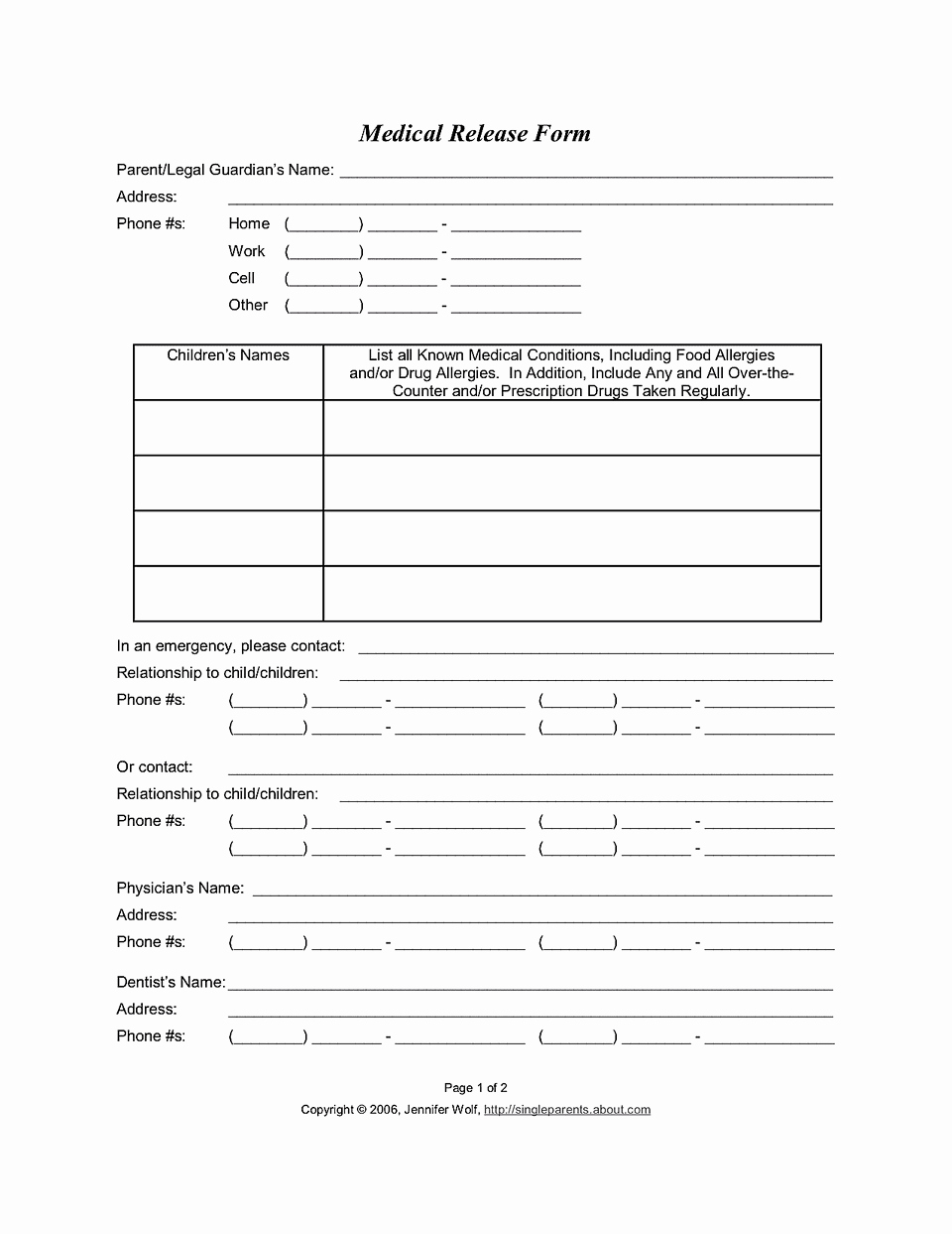 Medical Release form for Consent to Treat Your Kids