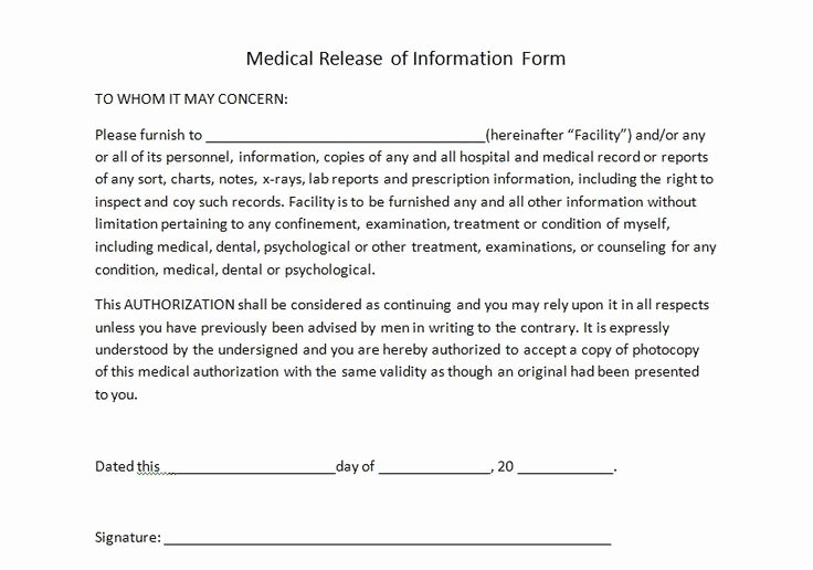 Medical Release Of Information form for Personal Trainers