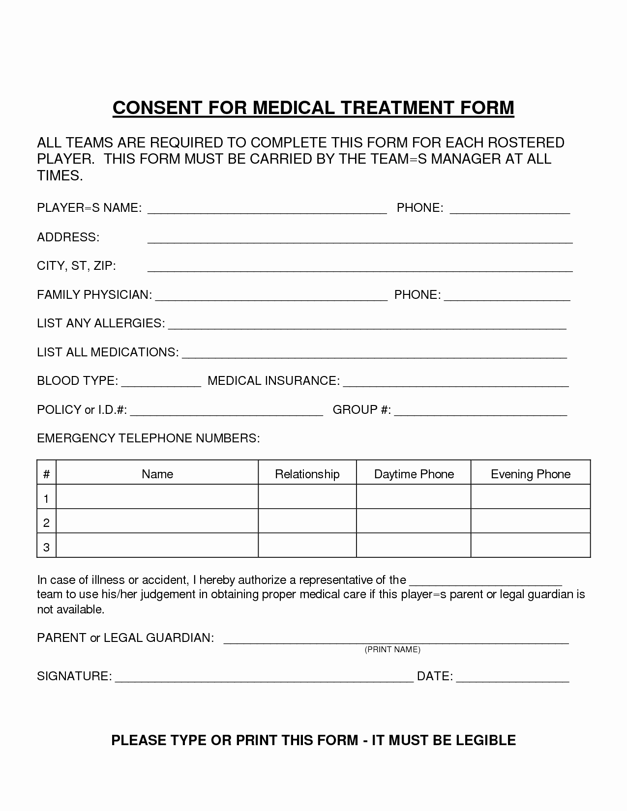 Medical Treatment Release form Free Printable Documents
