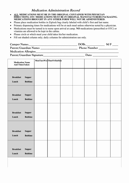 Medication Administration Record form Printable Pdf