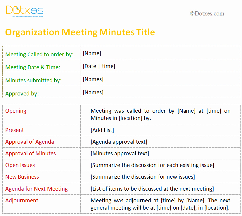 Meeting Minutes Template for organization Dotxes