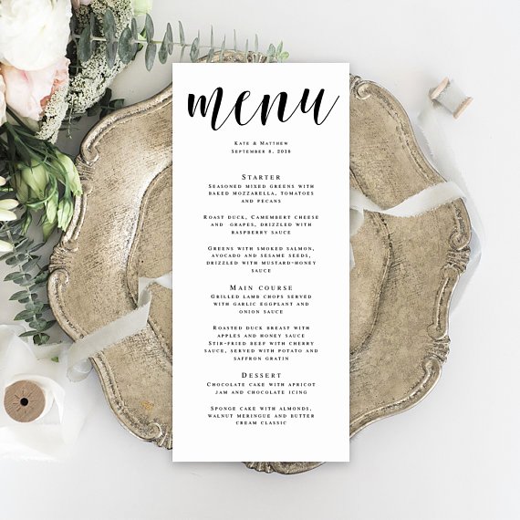 Menu Card Template Wedding Template Bridal Shower Menu Wedding