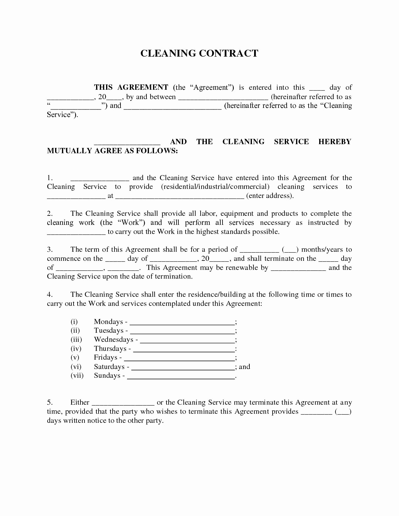 Mercial Cleaning Service Agreement Template Templates