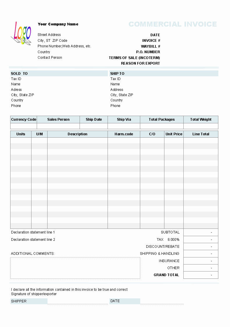 Mercial Invoice Template Excel Free Download