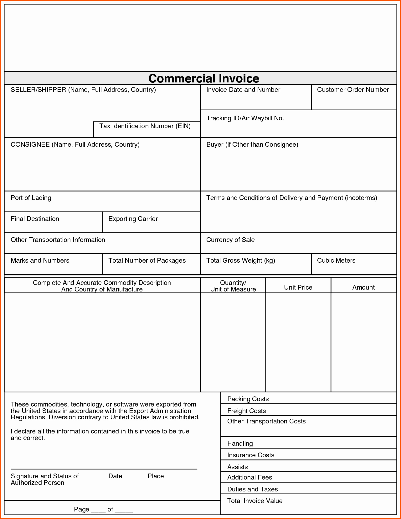 Mercial Invoice Template Pdf