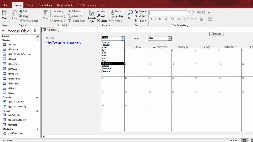 Microsoft Access Calendar form Template for Microsoft