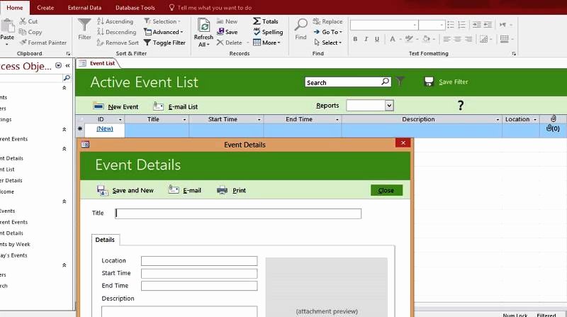 Microsoft Access event List Management Templates Database