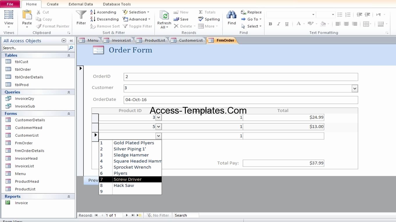 Microsoft Access Invoice order Management Database