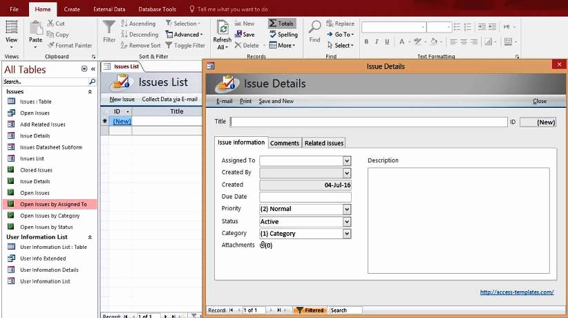 Microsoft Access issues List Tracking Templates Database