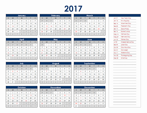 Microsoft Excel Calendar Template 2017