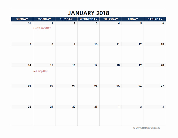 Microsoft Excel Calendar Template 2018