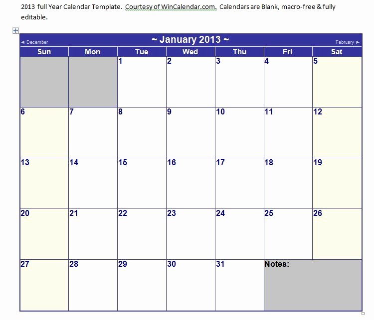 Microsoft Word Calendar Template 2013