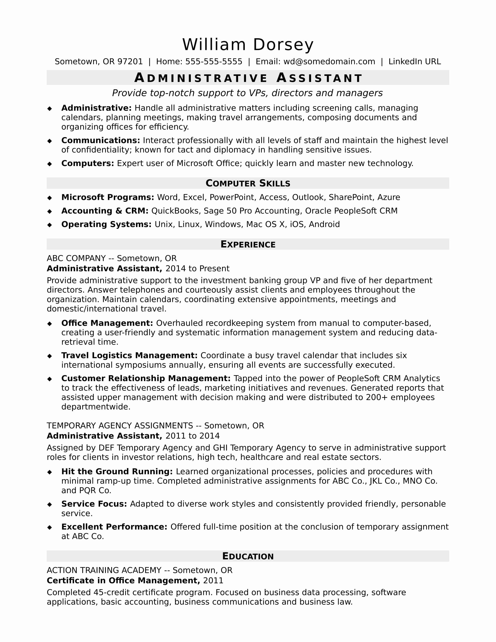 Midlevel Administrative assistant Resume Sample