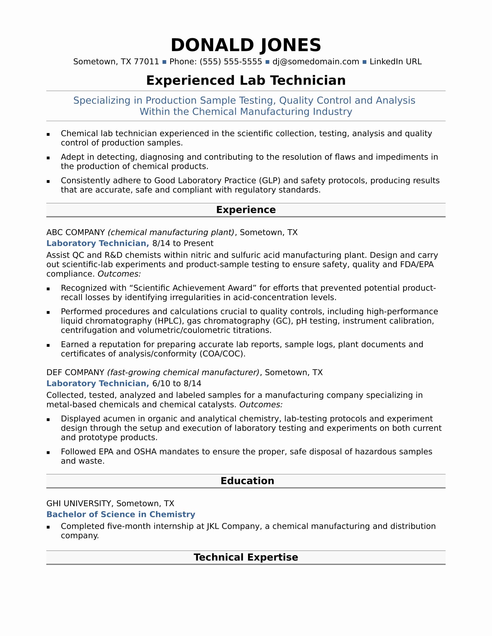 Midlevel Lab Technician Resume Sample