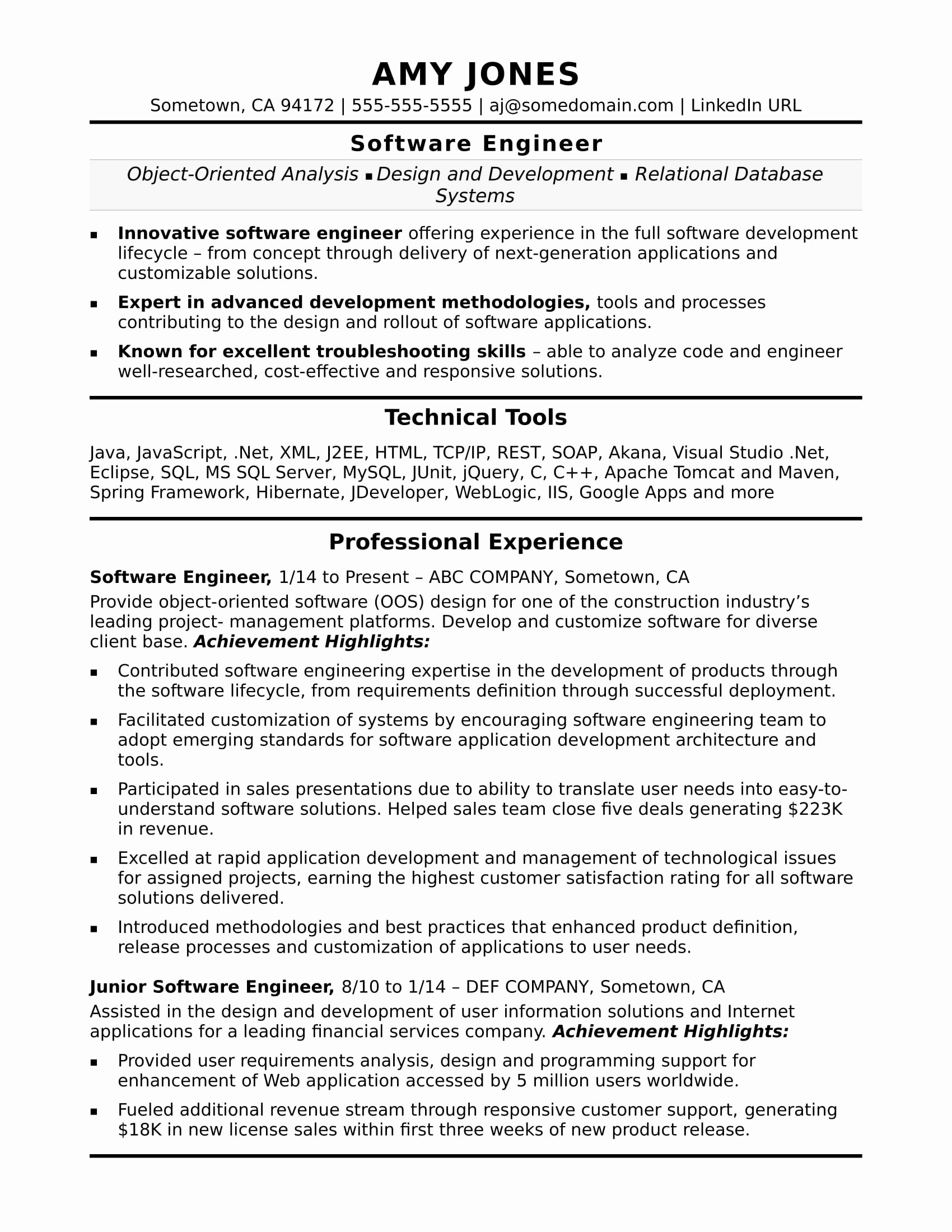 sample resume software engineer midlevel