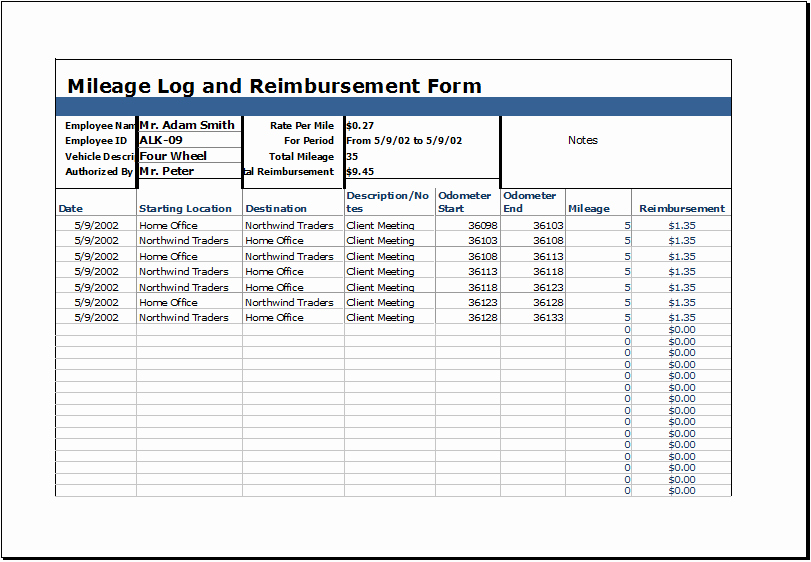 Mileage Log with Reimbursement form Ms Excel