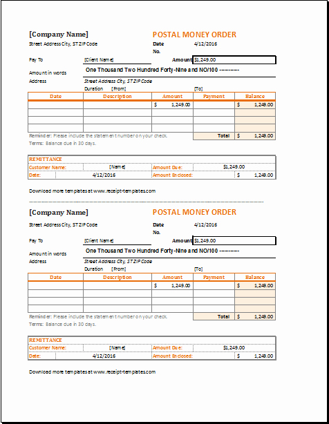 Money order Receipt Template for Excel