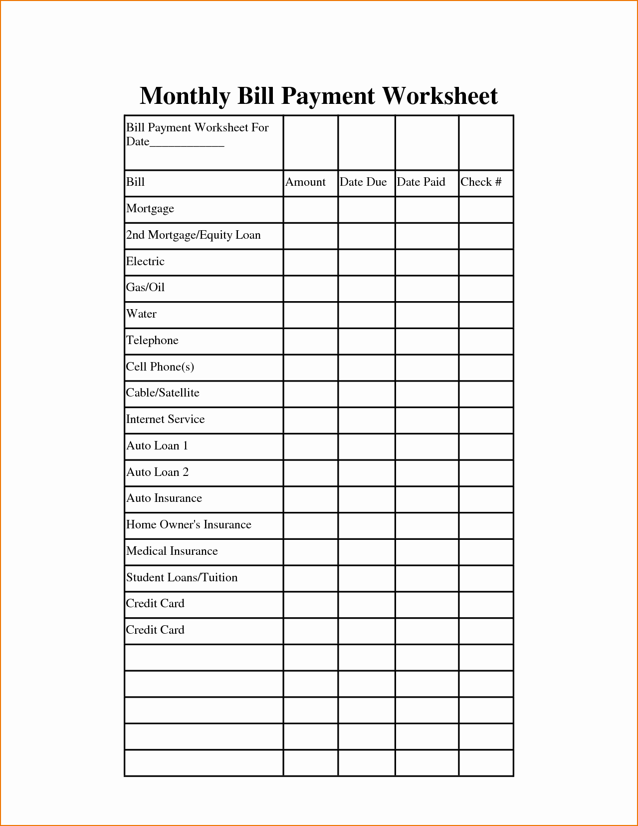 Monthaly Bill organizer Template Excel – Spreadsheets